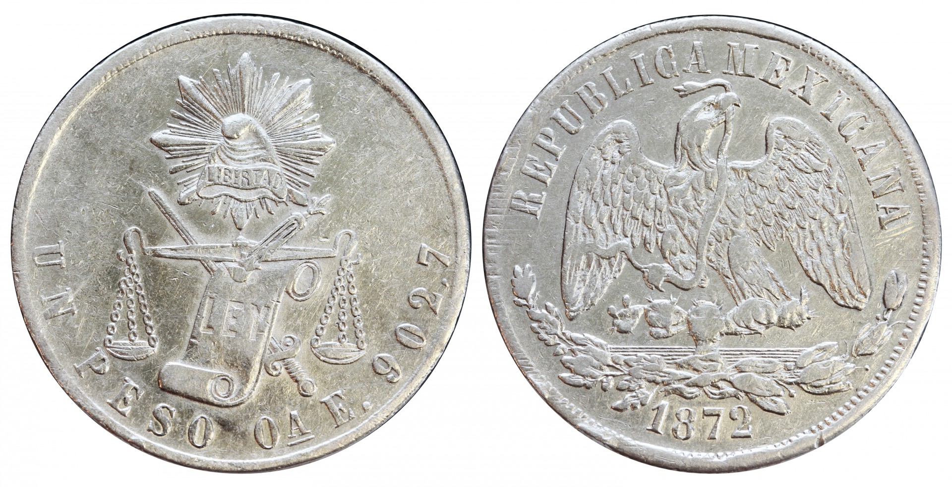 KM# 408.6 - $1 Peso 1872 OA E. 