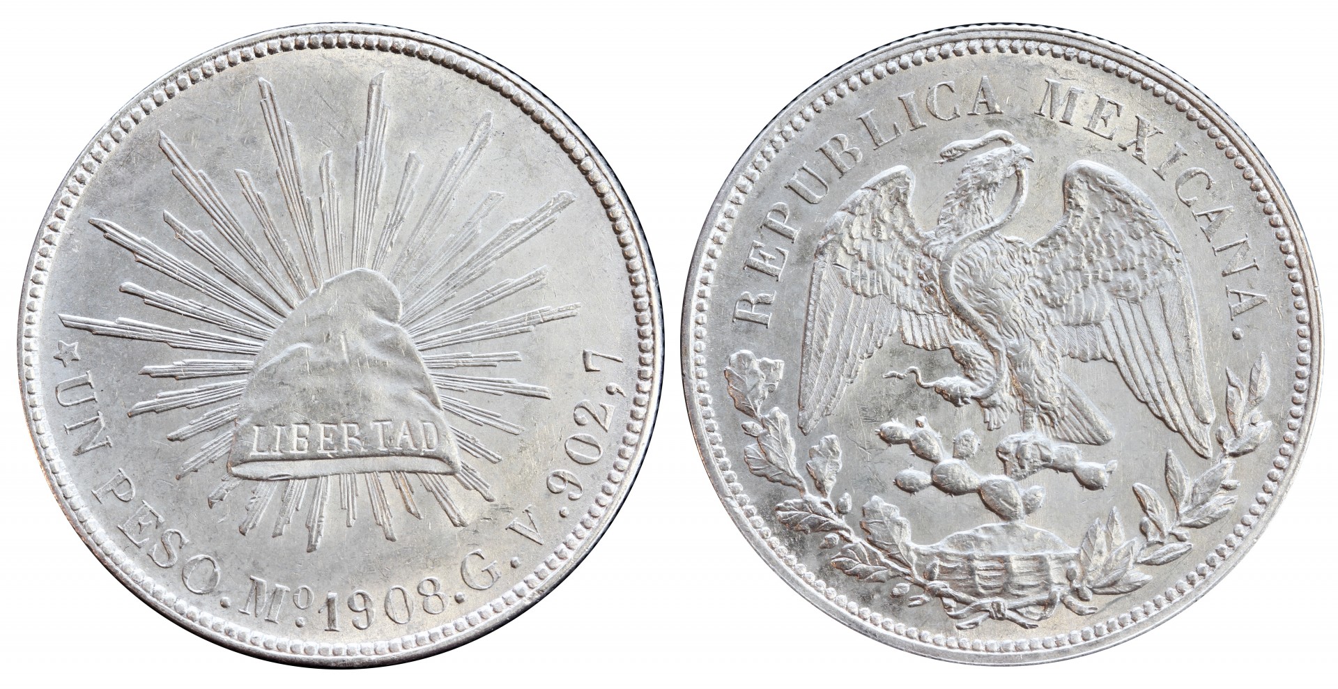 KM# 409.2 - $1 Peso 1908 Mo GV. 